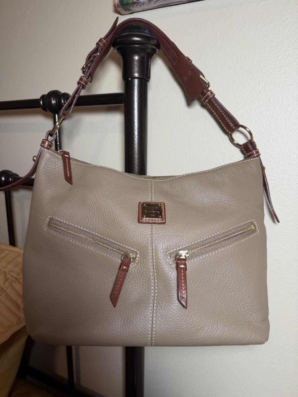 Dooney & Burke Tan Shoulder Bag, with Dark Brown Leather trim and shoulder strap